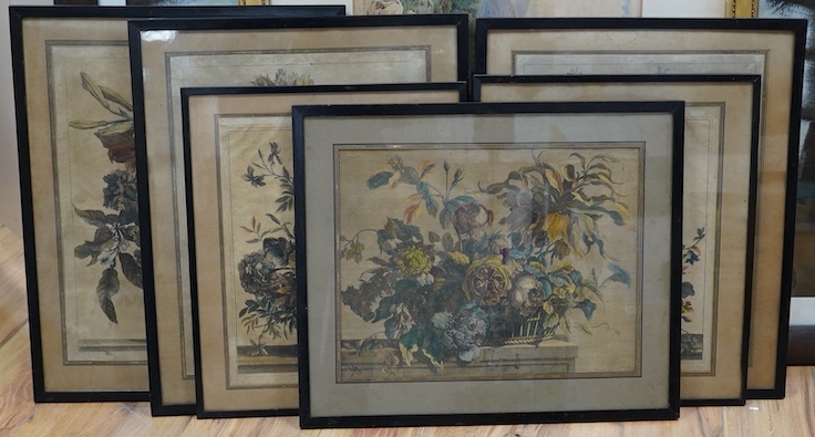 After Jean Baptiste Monnoyer (Franco/Flemish, 1636-1699), Still lifes of flowers, set of six colour etchings, etched by Nicolas de Poilly, 43 x 33cm